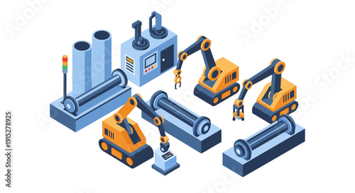 Industrial robotic arms and machinery in a factory setting.
