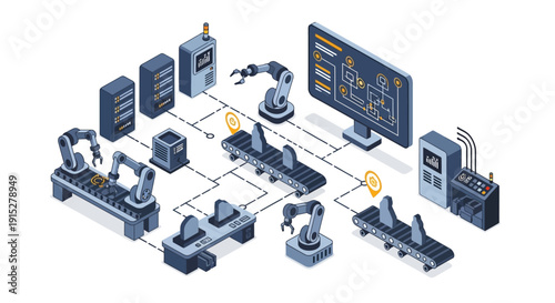 Industrial Automation Process with Robotic Arms and Control Systems.