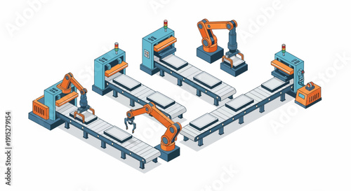 Industrial robotic arms assembly line with automated manufacturing process.