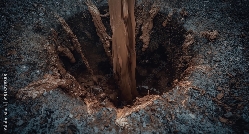 Fototapeta premium Storm drain opening releasing thick muddy slurry flow
