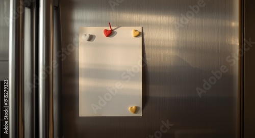Vintage look blank paper pinned on fridge door with magnetic hearts for message writing