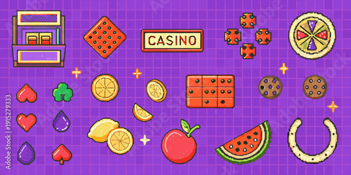 Pixel art casino elements including slot machines fruits and playing card symbols