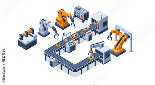 Industrial robotic assembly line with automated machinery and conveyor belts.