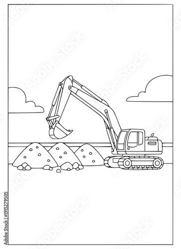 Excavator coloring page for kids showing a heavy machine digging a trench