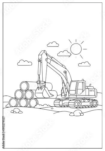Excavator coloring page for kids showing a heavy machine digging a trench