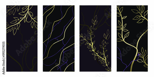 Four vertical panels displaying abstract gold and purple botanical line art