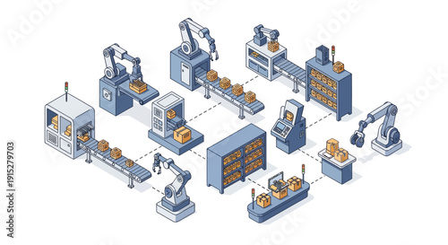 Industrial robotic assembly line with various machinery and equipment.