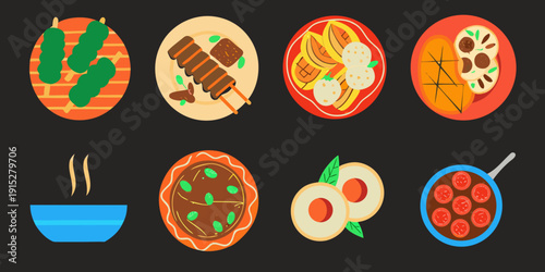 Colorful illustrations of various grilled foods and fresh produce items