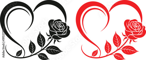 Romantic Rose with Heart Silhouette Vector Icon Set for Valentine Wedding and Love Themed Decoration