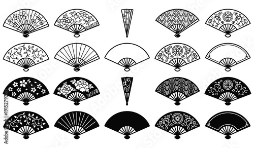 Japanese Folding Fan Vector Set – Traditional Black and White Sensu with Intricate Floral Pattern, Sakura Ornament Line Art Clipart Collection