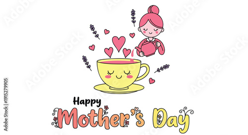 Vector illustration of a smiling cartoon girl with pink hair and a heart above a yellow teacup on Mother's Day greeting isolated on transparent background