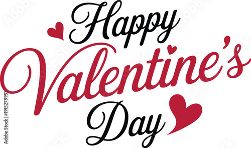 Happy Valentine's Day Elegant Script Typography with Red Hearts for Romantic Greeting Card Design Projects