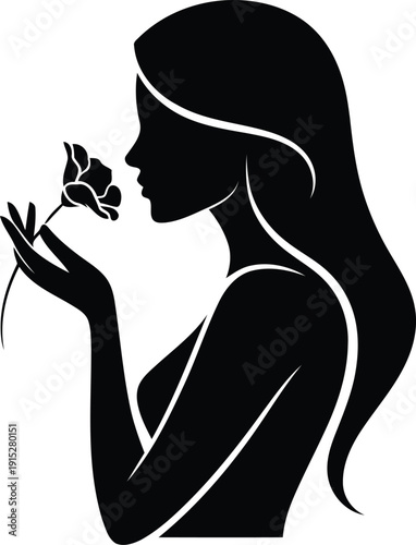 Beautiful Woman Profile Silhouette Smelling a Rose Flower for Wellness Beauty and Spa Logo Design