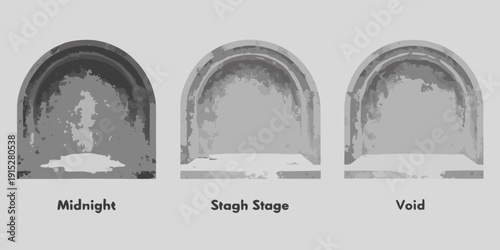 Three arched doorways with grayscale textures and corresponding names below