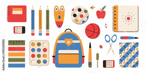 Colorful school supplies arranged in a playful flat lay composition