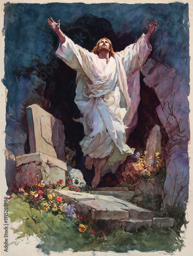 Biblical art of the empty tomb on Easter morning with the figure of Jesus, ai generated