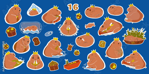 Collection of adorable capybara stickers with crowns and various objects