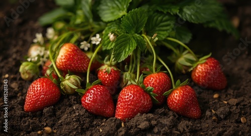 Ripe juicy strawberries on flourishing green plants with fertile dark soil background illustrating fresh farm produce