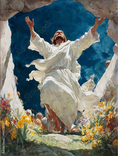 Vibrant and hopeful watercolor illustration of the Resurrection of Christ, ai generated