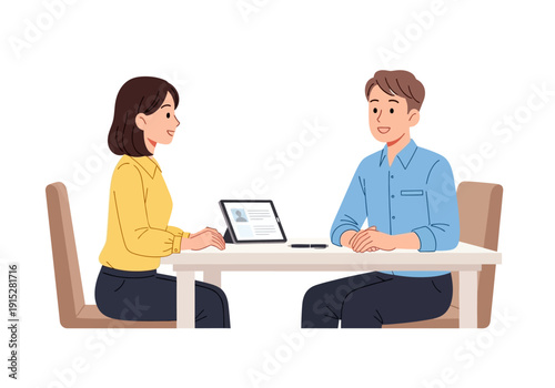 Job Interview Illustration: Woman Interviewing Man with Tablet on Table