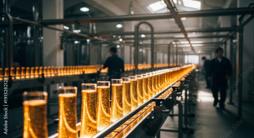 Naklejka premium Beer glasses moving on conveyor belt in modern production brewery