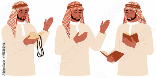 Three arab men in traditional clothing praying with religious texts