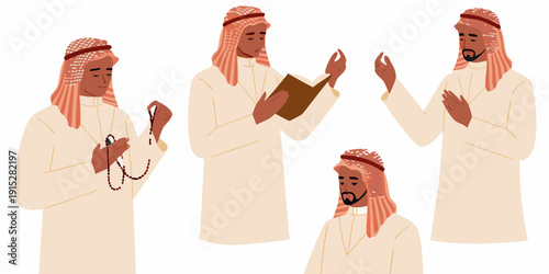 Illustrations of a middle eastern man in traditional clothing praying