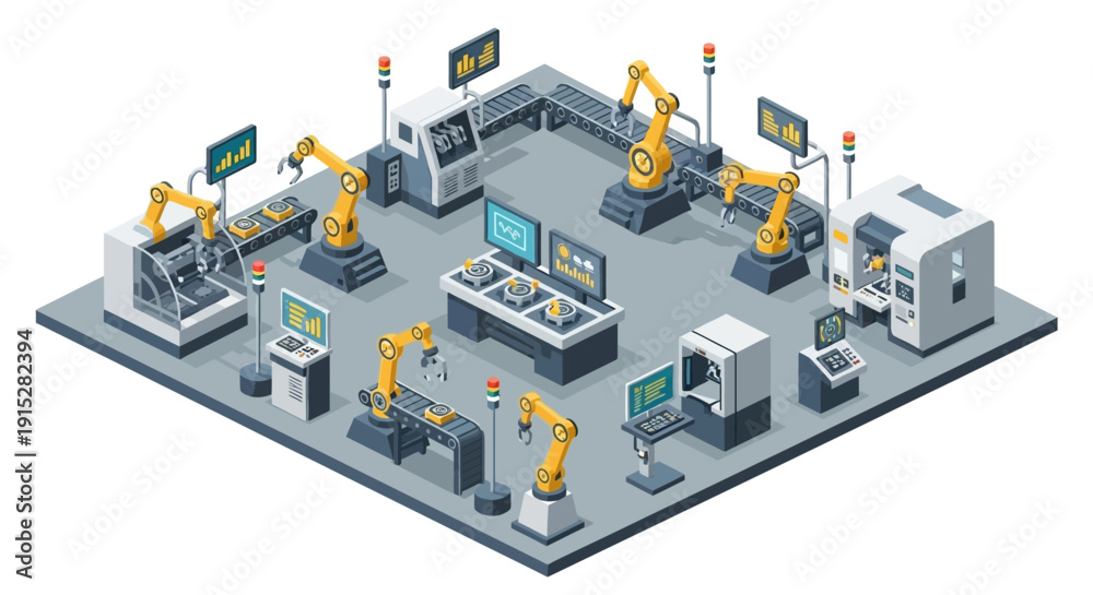 Obraz premium Modern factory floor with robotic arms and machinery.