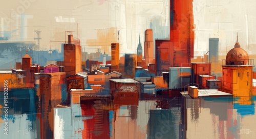 Expressive 2d stylised painting capturing an abstract city with layered shapes
