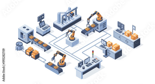 Industrial Automation Factory with Robots and Machinery.