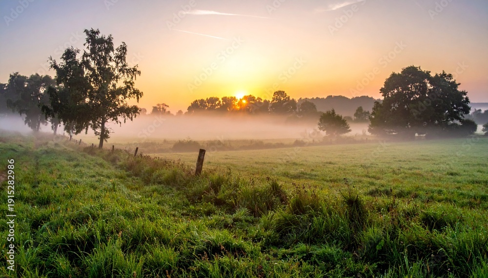 Fototapeta premium Serene Sunrise Over Fog-Kissed Meadow - A Tranquil Landscape.