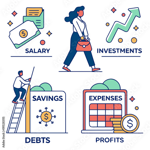 Monthly income report set with salary investments debts savings expenses profits