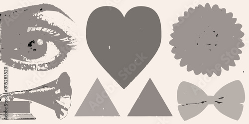 Abstract gray shapes including a heart swirl and triangular forms