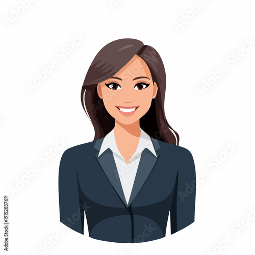 Illustration of a smiling businesswoman with long brown hair wearing a dark blue blazer.