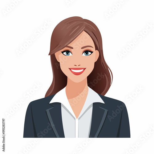Illustration of a smiling businesswoman in a professional suit.
