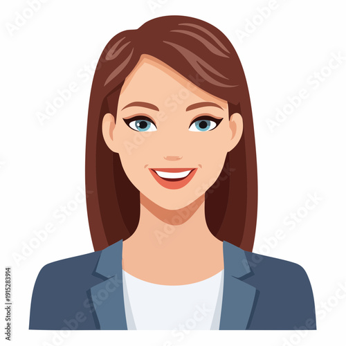 Illustration of a smiling businesswoman with brown hair and blue eyes wearing a blue blazer.