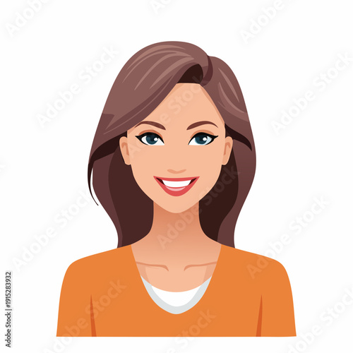 Illustration of a smiling young woman with long brown hair and blue eyes.