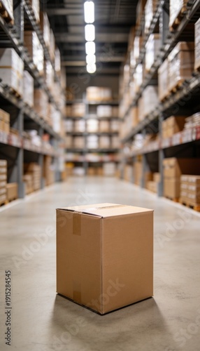Single cardboard box sits alone in a vast warehouse aisle with tall shelves of goods