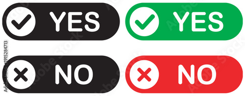 Yes no buttons set, check mark and cross mark icons, green yes red no symbols, vector illustration, UI elements, approval rejection design