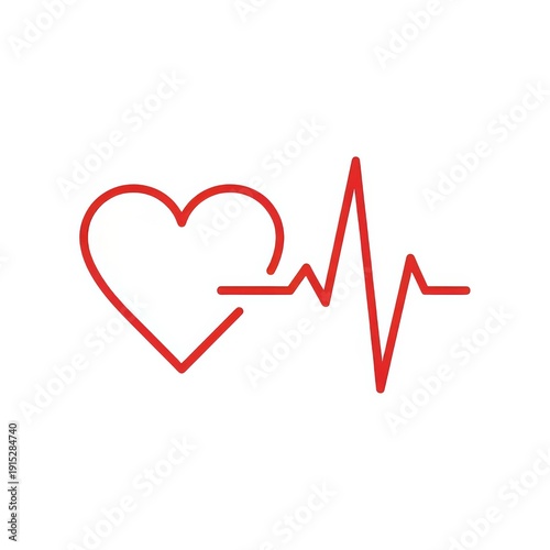 Red Outline Heart with Electrocardiogram Pulse Line.