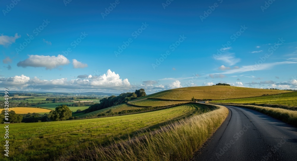 Fototapeta premium Green earth landscape next to a rural road under a clear blue sky