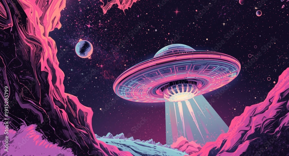 Fototapeta premium Retro surreal pop art illustrating extraterrestrial UFO and cosmic worlds
