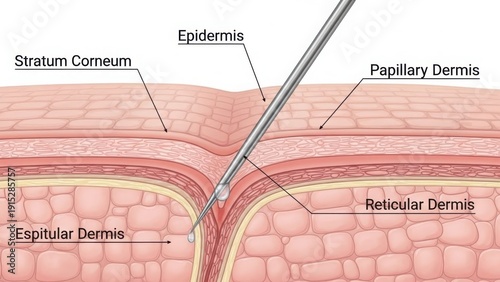 Detailed cross-section of human skin layers and structures
