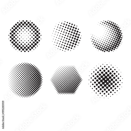 Six halftone dot patterns in circular hexagonal and semi circular shapes