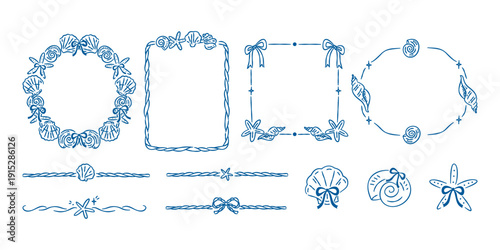 Seashell frames and divider lines set. Nautical hand-drawn ocean elements and borders in blue line art style.