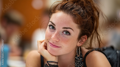 Authentic moment of a young woman studying with a laptop in a modern university hall, Generative AI