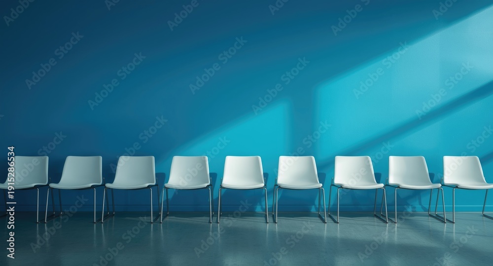 Fototapeta premium Spacious waiting zone furnished with simple white chairs and a bright blue wall