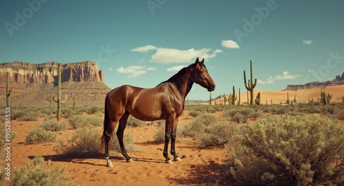 An AI made western vintage photo of a solitary horse within a cactus populated desert landscape