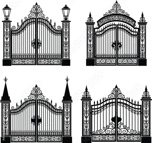 Ornate wrought iron gate illustration, decorative scrollwork vector, architectural design artwork, symmetrical metalwork graphic, elegant entrance silhouette pattern - flavector
