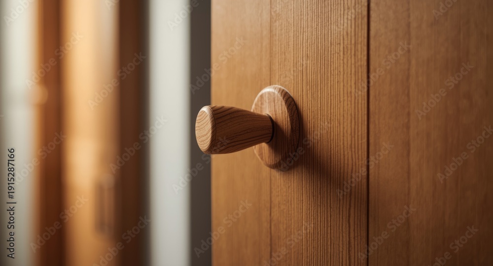 Obraz premium Detailed capture of a wooden door handle used in residential door opening